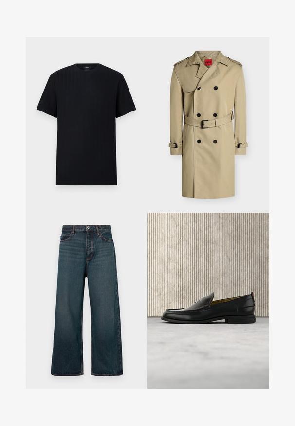 Trench-coat beige croisé avec boutons noirs, épaulettes, ceinture à la taille et aux poignets, présenté sur fond blanc.; T-shirt noir à manches courtes avec encolure ronde, présentant une texture subtile à côtes verticales, posé à plat sur un fond gris clair.; Jean denim bleu foncé à jambe large avec fermeture à bouton avant, fermeture éclair et design à cinq poches, présenté sur un fond blanc.; Mocassin pour homme en cuir noir avec un dessus embossé effet croco et un petit talon, présenté de profil sur un fond neutre.