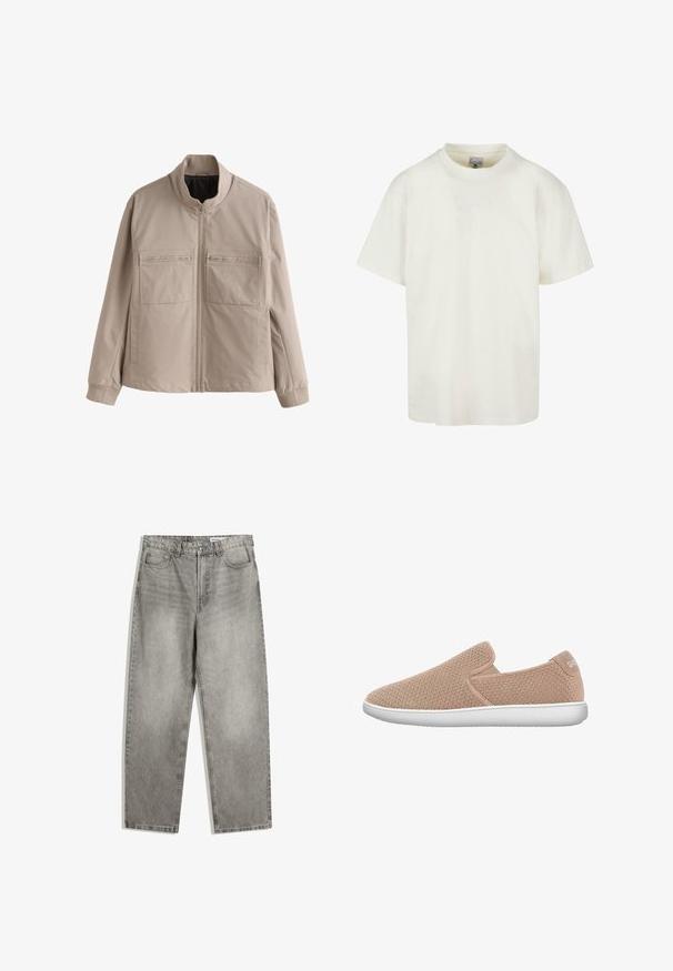 Beige Jacke mit Reißverschluss, Stehkragen, zwei Reißverschlusstaschen auf der Brust und langen Ärmeln.; Kurzes, rundhals T-Shirt aus off-weißem Baumwollstoff. Mit dezentem, gesticktem Logo auf der Vorderseite. Lockere Passform, weicher Griff.; Graue Denim-Hosen mit geradem Schnitt, ausgestattet mit Fronttaschen, einem Knopfverschluss und subtilen verblassten Texturen.; Schlichte Slipper mit einem hellbeigen Mesh-Obermaterial, weißer Gummisohle und minimalistischem Design. Verstärkte Nähte und dezente Markenkennzeichnung an der Ferse.