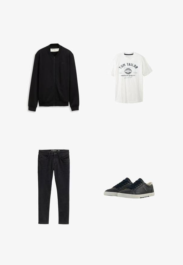 Zwarte zip-up sweat met lange mouwen, geribde boorden en een klein logo op de linkerborst, getoond tegen een witte achtergrond.; Witte katoenen T-shirt met een ronde halslijn, korte mouwen en een frontprint in zwart en blauw met de merknaam "Tom Tailor."; Slim-fit zwarte denim jeans met een zachte textuur, voorzakken en een ritssluiting. Versleten details nabij de dijen verbeteren het ontwerp.; Marine leren sneakers met witte rubberen zolen, ronde neus en zwarte veters. Subtiele texturen en branding aan de zijkanten. Casual ontwerp.
