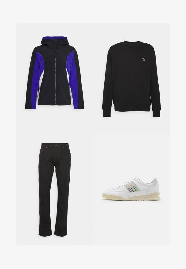 Schwarze Jacke mit lila und weißen Seitenpaneelen, Reißverschluss vorne und Kapuze. Hergestellt aus glattem, leichtem Stoff und bietet ein minimalistisch gestaltetes Design.; Schwarzer Sweatshirt aus Baumwollmix mit geripptem Rundhalsausschnitt, langen Ärmeln und einem gestickten Elefantenlogo auf der Brust.; JOOP! Jeans MITCH - Jeans Straight Leg - black; Weißes Ledersneaker mit einer cremefarbenen Sohle, mehrfarbigen Streifenakzenten an der Seite und "PS Paul Smith"-Branding in Gold.