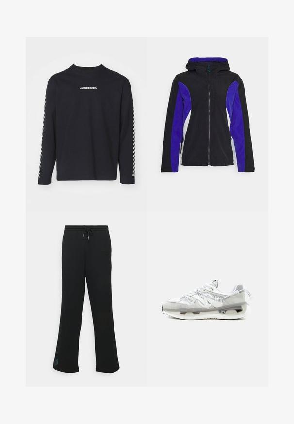 Schwarze Jacke mit lila und weißen Seitenpaneelen, Reißverschluss vorne und Kapuze. Hergestellt aus glattem, leichtem Stoff und bietet ein minimalistisch gestaltetes Design.; Langärmliges schwarzes T-Shirt aus Baumwolle, mit Rundhalsausschnitt und J.Lindeberg-Logo auf der Brust, mit kariertem Muster an den Ärmeln.; Schwarze Jogginghosen aus weichem Material, mit einer Kordelzug Taille, ausgestelltem Bein-Design und Netzpaneelen an den Seiten.; Weißer und grauer Sportschuh mit Mesh-Gewebe, dicker gepolsterter Sohle, sichtbarer Luftdämpfung und Schnürverschluss, seitlich gezeigt.
