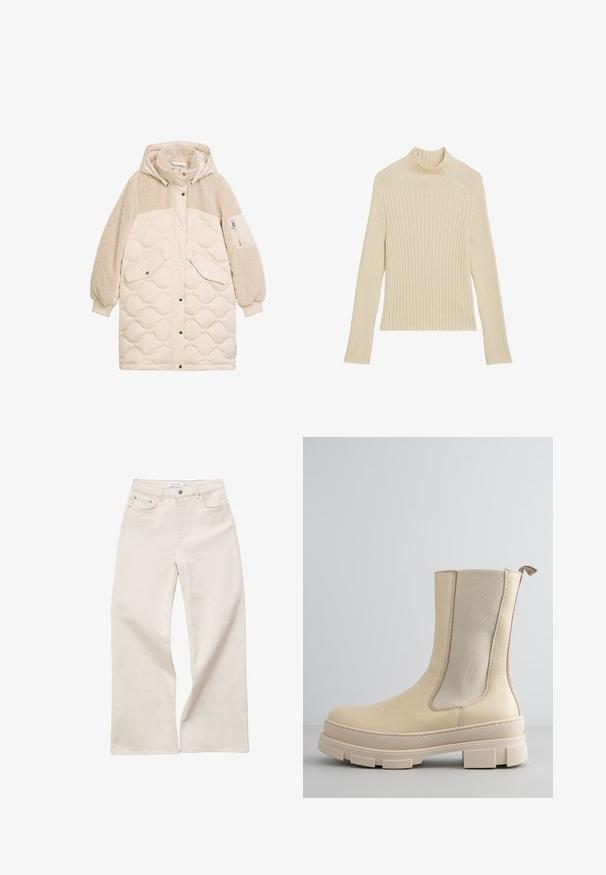 Beige lange donzen jas met doorgestikt lijf, mouwen en bovenborst van sherpa fleece, voorzakken, rits en drukknopen, en een capuchon.; Geribbeld gebreide longsleeve top in off-white met een hoge kraag en een slim fit. Heeft een verticale textuur en een cropped zoom.; Off-white wijde jeans met hoge taille, knoop- en ritssluiting aan de voorkant, riemlussen en vijfzakkenstijl.; Beige leren midkuitlaars met grove, gestructureerde zool en elastisch zijpaneel.