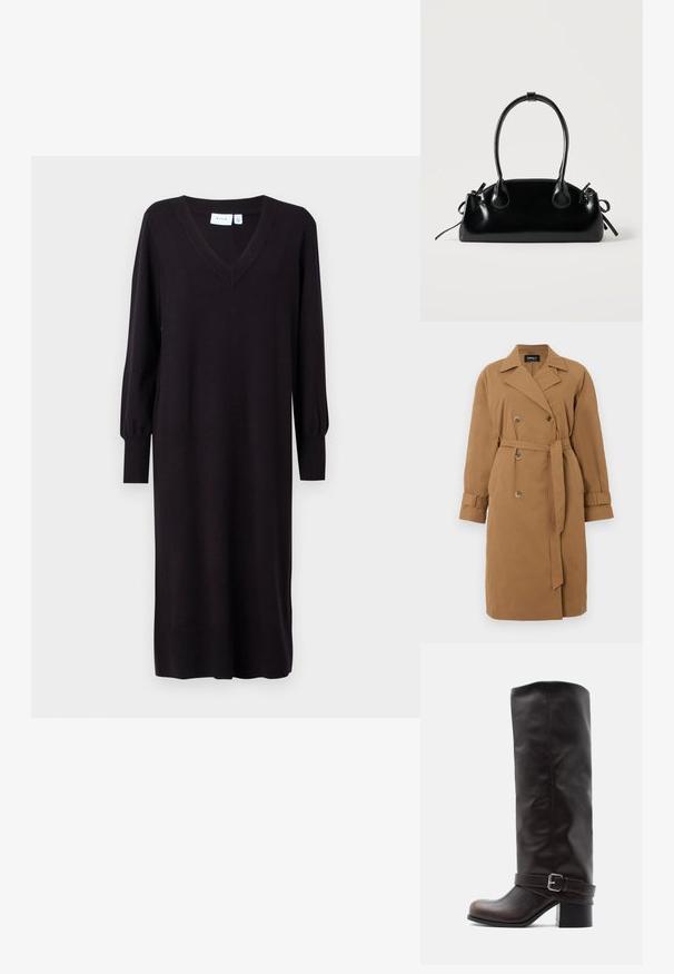 Pruun trench coat kangast, topeltkinnitatud disainiga, notšitud krae, küljetaskud ja vöö, mis on seotud vöökoha ümber.; Must musträtik, millel on pikad varrukad, V-kaelus ja soonikkoes. Sirge lõige ilma nähtavate mustrite või aktsentideta. Pehme tekstuur.; Tumepruun nahast põlveni ulatuv saabas ümarate varvaste, madala plokkkontsa ja pahkluu lähedal asuva hõbedase pandlaga dekoratiivse rihmaga.; Väike must läikiv käekott kahe pika sangaga ja külgedel paelakinnitustega, ühel lihtsal helel taustal.