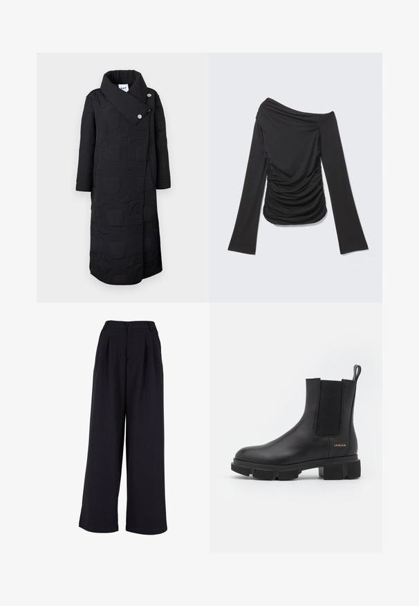 Manteau matelassé noir avec col montant, fermetures à pressions sur le devant et motif géométrique. Manches longues et coupe droite.; Haut noir à manches longues avec un décolleté asymétrique épaule dénudée et des fronces sur les côtés et à l'avant.; Pantalons à jambes larges en tissu noir, dotés de plis avant, d'une fermeture à bouton et d'une texture lisse. Design ajusté avec une taille haute.; Bottines en cuir noir avec des panneaux élastiques sur les côtés et une semelle épaisse à crampons. Présentent une languette et un logo doré. Fini mat.