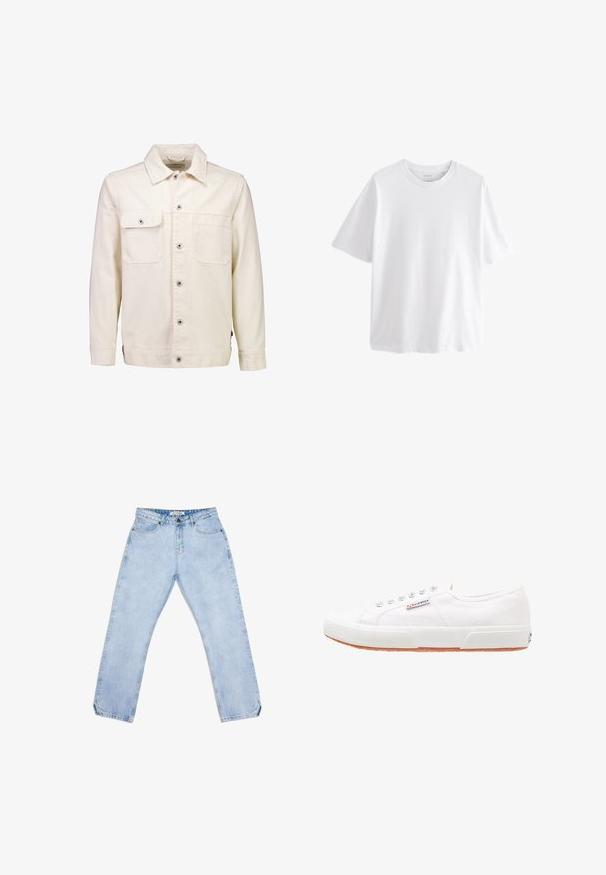 Off-White Jeansjacke mit langen Ärmeln, Knopfleiste vorne, zwei Brusttaschen, eine mit Klappe und Knopfverschluss.; Schlichtes weißes T-Shirt mit kurzen Ärmeln und Rundhalsausschnitt in entspannter Passform vor weißem Hintergrund.; Hellblaue Jeans aus Denim mit geradem Bein, ausgestattet mit fünf Taschen, einem Knopfverschluss und dezentem Verblassen. Keine sichtbaren Muster oder Logos.; Weiße Leinensneaker mit Gummisohle, Schnürdesign und einem kleinen Logolabel an der Seite. Strukturierte weiße Oberseite und braune Außensohle.