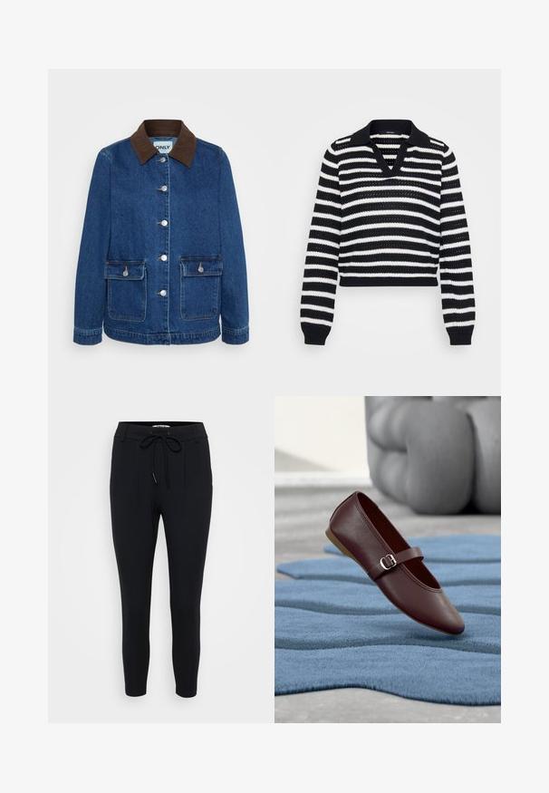 Denimjakke i mørkeblå med krave i brunt fløjl, sølvfarvede trykknapper og to frontlommer. Klassisk, struktureret design.; Sort-hvid stribet strikket sweater med lange ærmer, V-hals og ribkanten ved ærmer og kant.; Sorte tapered bukser lavet af strækstof, med en snøre i taljen, to frontfolder og en glat tekstur.; En enkelt mørkebrun Mary Jane sko med spænde, der svæver over et tekstureret blåt tæppe i et rum med en grå pude i baggrunden.