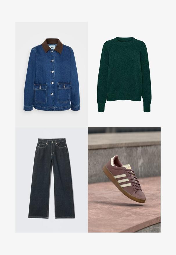 Donkerblauwe denimjas met een bruine ribflonckraag, zilveren drukknoopjes en twee voorzakken. Klassiek, gestructureerd ontwerp.; Donkergroene wollen trui met lange mouwen, ronde hals en geribde manchetten en zoom, met een effen brei-textuur.; Donkerblauwe jeans met wijde pijpen, knoopsluiting aan de voorkant, rits, lussens voor riem en vijf zakken, tegen een lichte effen achtergrond.; Roze leren sneaker met beige accenten, voorzien van drie witte strepen, een ronde neus, een bruine rubberen zool en veters. Klassiek ontwerp met stiksel details.