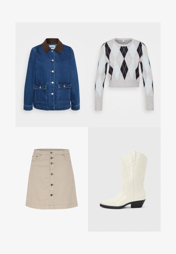 Denimjakke i mørkeblå med krave i brunt fløjl, sølvfarvede trykknapper og to frontlommer. Klassisk, struktureret design.; Lys grå cropped sweater med et sort og lyseblåt argyle-mønster. Har lange ærmer og en klassisk rund halsudskæring. Blød tekstur.; Beige stribet denim nederdel med en flagrende form, der har en lukning med knapper foran, to sidelommer og subtile syninger.; Hvid western-støvle til midt på læggen med spids tå, sort stablet hæl, dekorative sømme og trækflap på skaftet.