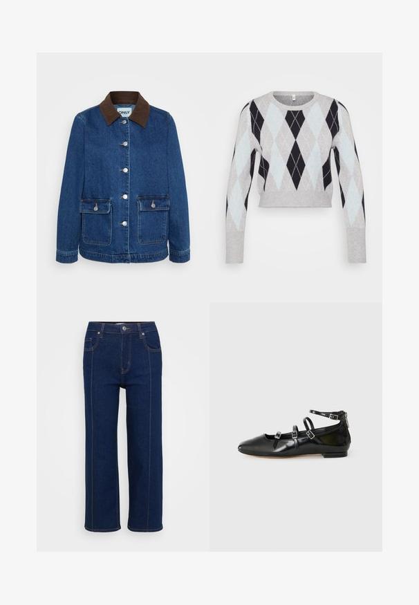 Donkerblauwe denimjas met een bruine ribflonckraag, zilveren drukknoopjes en twee voorzakken. Klassiek, gestructureerd ontwerp.; Lichtgrijze cropped trui met een zwart en lichtblauw ruitpatroon. Heeft lange mouwen en een klassieke ronde hals. Zachte textuur.; Donkerblauwe rechte jeans met knoopsluiting, voor- en achterzakken, en zichtbare oranje stiksels langs de naden.; ALDO NELTA - Ballerina's - black
