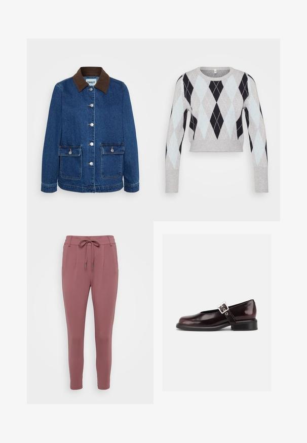Dunkelblaue Jeansjacke mit einem braunen Cordkragen, silbernen Druckknöpfen und zwei vorderen Taschen. Klassisches, strukturiertes Design.; Hellgrauer, verkürzter Pullover mit einem schwarz und hellblauen Argyle-Muster. Mit langen Ärmeln und einem klassischen Rundhalsausschnitt. Weicher Stoff.; Rosenfarbene Hosen mit einem Zugbandbund, schmal zulaufenden Beinen und vorderen Falten. Hergestellt aus einem weichen, dehnbaren Material.; Ein einzelner glänzender dunkelburgunder Mary Jane Schuh mit breitem Riemen und silberner Schnalle, niedrigem Blockabsatz und abgerundeter Spitze auf weißem Hintergrund.