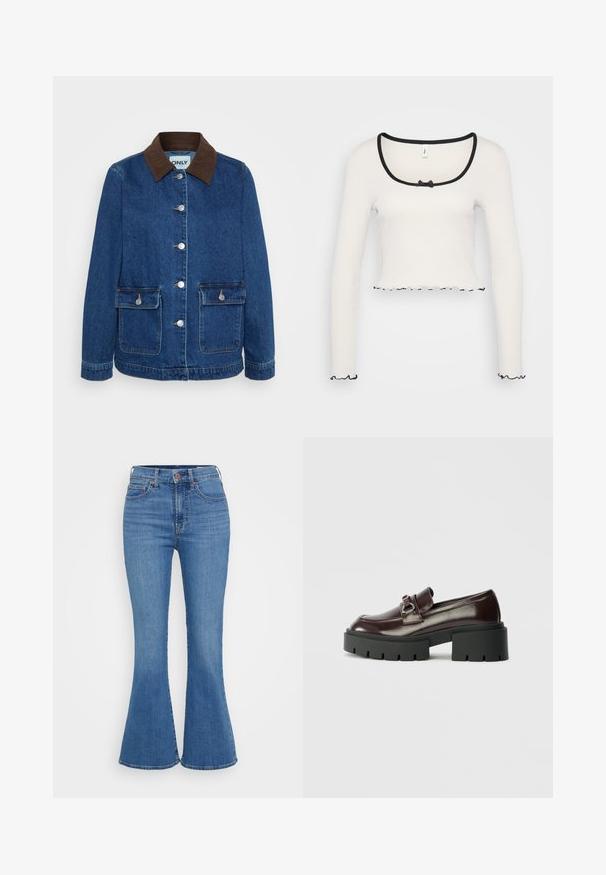 Denimjakke i mørkeblå med krave i brunt fløjl, sølvfarvede trykknapper og to frontlommer. Klassisk, struktureret design.; Hvid langærmet crop top med en bred sortkantet rund halsudskæring, en center bånd detalje, og flæser i sort ved ærmerne og kanten.; Lyseblå klokkeformede jeans med høj talje, lavet af denim. Funktionen inkluderer to forlommer og en knaplukning i taljen.; Burgunderfarvede patenterede læderslippers med en kraftig sort platformsål, udstyret med en dekorativ sølvspænde detalje på overfladen.