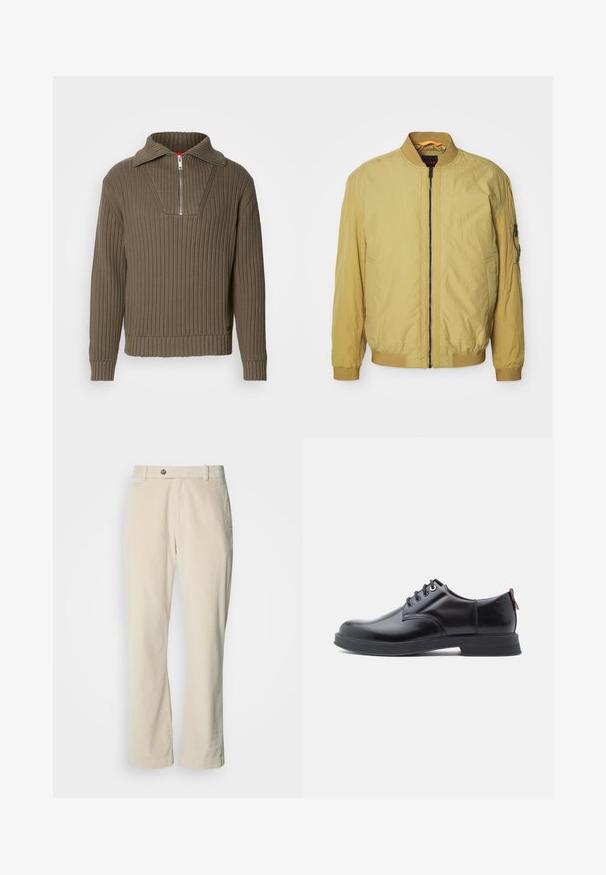 Chaqueta bomber amarilla con cierre de cremallera, cuello y puños acanalados, bolsillos laterales y un bolsillo adicional en la manga. Textura suave.; Suéter marrón acanalado con media cremallera y un collar amplio. Presenta una tela texturizada y un dobladillo ligeramente corto. Diseño simplista.; Pantalones de pana beige con cierre de botón y cremallera, trabillas para cinturón y corte recto sobre un fondo blanco.; Zapatos de piel negra con cordones, textura lisa, puntera redondeada y detalles sutiles de costura. Cuentan con una lengüeta roja en el talón.