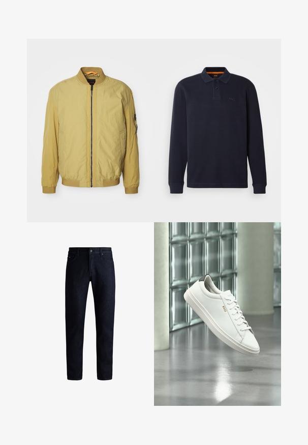 Geel bomberjack met een ritsluiting, ribbelkraag en -manchetten, zijzakken en een extra zak op de mouw. Soepele textuur.; Marineblauwe longsleeve polo-shirt van gestructureerde stof met een knoopsluiting bij de hals. Bevat een klein geborduurd logo op de borst.; Donkerblauwe denim jeans met een klassiek vijf-pocket ontwerp, rechte pijpen en een subtiele textuur. Metalen knoopsluiting bij de taille.; Witte leren lage sneaker met veters, zwarte hielstrook en "BOSS"-logo, zwevend binnenshuis bij een glazen stenen muur en gepolijste vloer.