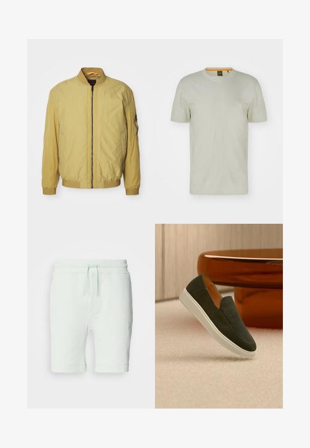 Kollane pommijacket, millel on tõmblukk, soonikkoes krae ja mansetid, küljetaskud ning lisatasku varrukal. Sile tekstuur.; Hele roheline lühikeste varrukatega T-särk pehmest kangast, ümar kaelus ja esiküljel diskrreetne logo. Lihtne disain minimaalsete detailidega.; Heled minta rohelised puuvillased lühikesed püksid, millel on elastne vöökoht, reguleeritav nöör, küljetaskud ja logodetail paremal jalal.; Tumeroheline paeladeta seemisnahast king valge tallaga, hõljumas heleda vaibaga põranda kohal ning oranži ümmarguse laua taustal.