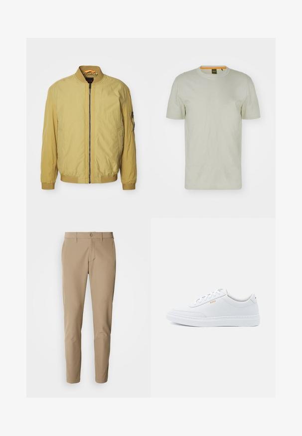 Geel bomberjack met een ritsluiting, ribbelkraag en -manchetten, zijzakken en een extra zak op de mouw. Soepele textuur.; Lichtgroene korte mouwen T-shirt van zachte stof, met een ronde hals en een subtiel logo op de voorkant. Eenvoudig ontwerp met minimale details.; Beige broek van gladde stof met een rechte snit, voorzien van een knoopsluiting en voorzakken, en inclusief riemlussen.; Witte leren sneakers met een gladde textuur, ronde neus en tonale stiksels. Voorzien van blauwe veters en een gouden logo op de zijkant.
