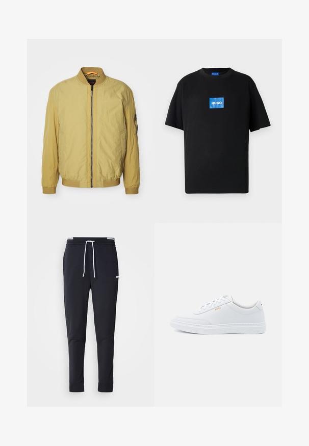 Gelbe Bomberjacke mit Reißverschluss, geripptem Kragen und Bündchen, Seitentaschen und einer zusätzlichen Tasche am Ärmel. Glatte Textur.; Schwarzes Baumwoll-T-Shirt mit rundem Ausschnitt und kurzen Ärmeln. Auf der Vorderseite befindet sich ein blaues, rechteckiges "HUGO"-Logo.; Schwarze Slim-Fit-Jogginghose mit weißem Kordelzug, elastischem Bund mit weißen Streifen und kleinem weißen Logo am oberen Oberschenkel.; Weiße Leder-Sneaker mit glatter Textur, runder Zehenpartie und tonal abgestepptem Design. Mit blauen Schnürsenkeln und einem goldenen Logo an der Seite.