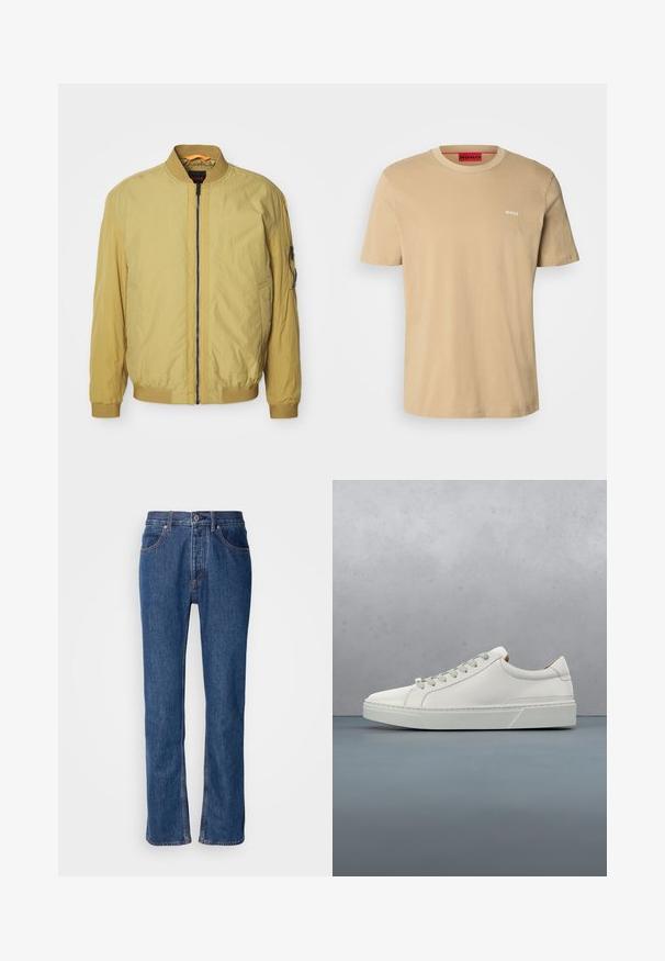 Gul bomberjakke med lynlås, ribbet krave og manchetter, sidelommer og en ekstra lomme på ærmet. Glat tekstur.; Beige bomulds t-shirt med rund halsudskæring, korte ærmer og et lille hvidt "HUGO" logo på brystet. Glat tekstur uden mønstre.; Blå denimjeans med lige snit, fem-lomme-design og lys syning. Har lynlås og knaplukning foran.; Hvid lædersneaker med rund tå, minimalistisk design, grå snørebånd og en tekstureret grå gummisål. Subtile syningsdetaljer er synlige.