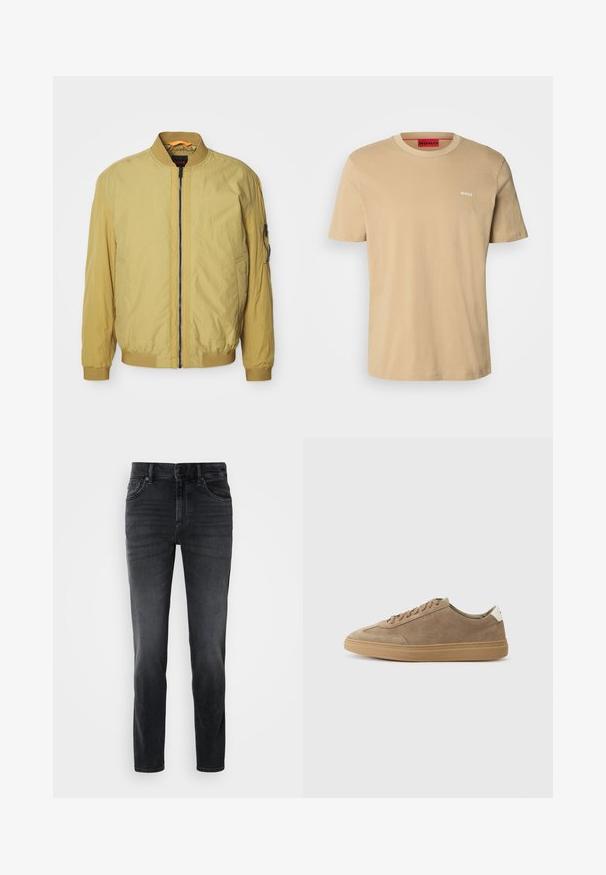 Geel bomberjack met een ritsluiting, ribbelkraag en -manchetten, zijzakken en een extra zak op de mouw. Soepele textuur.; Beige katoenen t-shirt met een ronde hals, korte mouwen en een klein wit "HUGO" logo op de borst. Een gladde textuur zonder patronen.; Zwarte denim jeans met een slim fit, voorzien van een middelhoge taille, klassiek vijf-pocket ontwerp en subtiele vervaging op de benen.; Suède sneakers in lichtbruin met een rubberen zool. Voorzien van een vetersluiting en een minimalistische stijl, geaccentueerd door een witte hieltab.