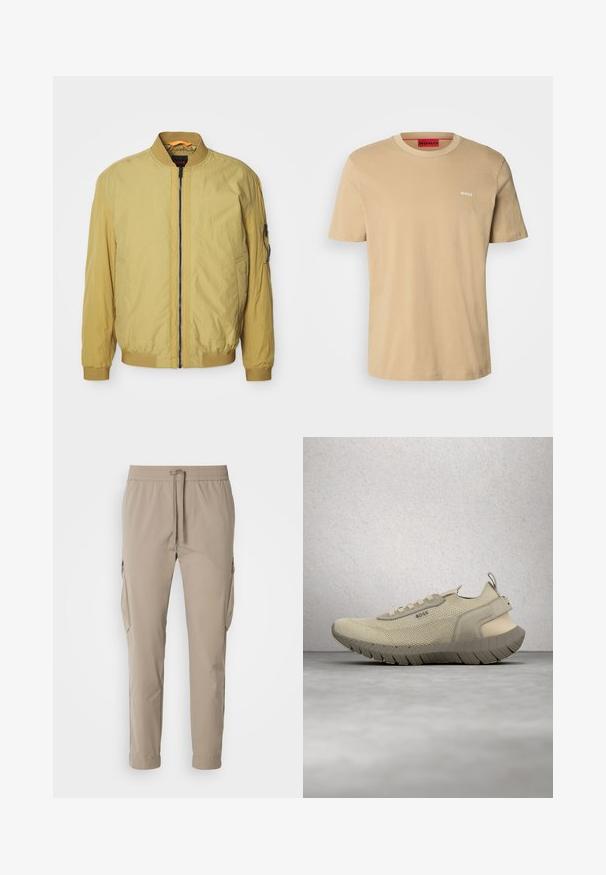 Gul bomberjakke med lynlås, ribbet krave og manchetter, sidelommer og en ekstra lomme på ærmet. Glat tekstur.; Beige bomulds t-shirt med rund halsudskæring, korte ærmer og et lille hvidt "HUGO" logo på brystet. Glat tekstur uden mønstre.; Beige cargo bukser med elastisk talje og snøre. Har sidelommer og en tapered ben design, lavet af letvægtsstof.; Beige strikstrømpe med tyk, tekstureret sål og snørebånd, svævende over gråt gulv med store vinduesblokke i baggrunden.