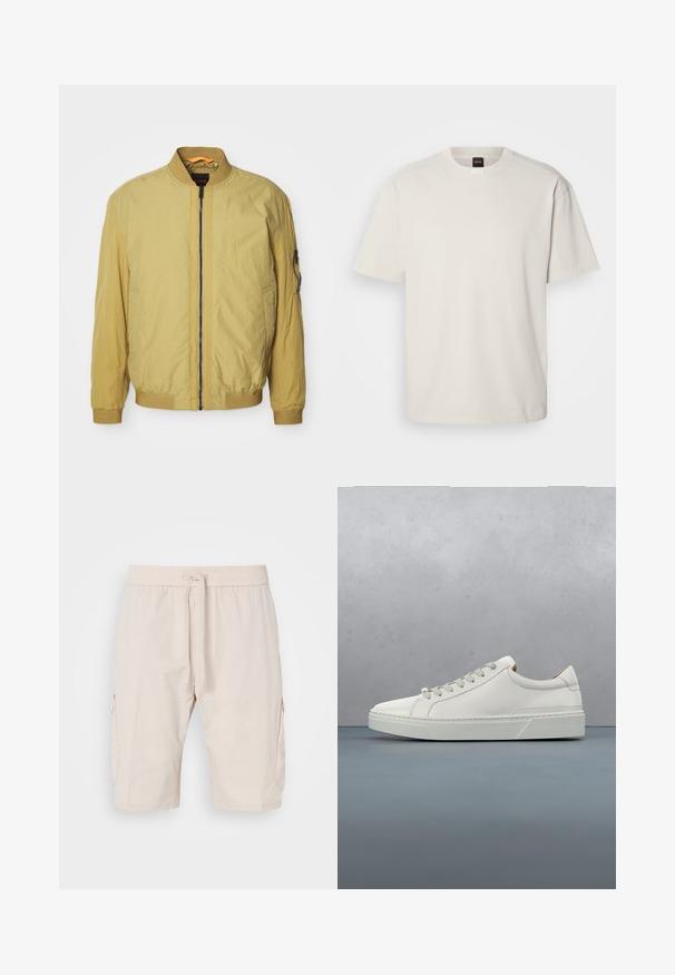 Chaqueta bomber amarilla con cierre de cremallera, cuello y puños acanalados, bolsillos laterales y un bolsillo adicional en la manga. Textura suave.; Camiseta de manga corta y cuello redondo en algodón color blanco roto, con un corte recto y un logo minimalista en el cuello. Textura suave, sin patrones.; Pantalones cortos cargo beige con cinturilla elástica y cordón, que cuentan con dos bolsillos laterales y una tela suave y ligera.; Zapatilla blanca de cuero con punta redondeada, diseño minimalista, cordones grises y suela de goma texturizada gris. Detalles de costura sutiles visibles.