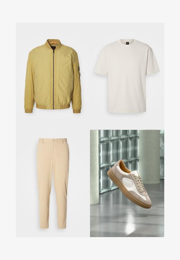 Kollane pommijacket, millel on tõmblukk, soonikkoes krae ja mansetid, küljetaskud ning lisatasku varrukal. Sile tekstuur.; Lühikeste varrukatega, ümar kaelusega T-särk kreemjas valges puuvillases materjalis, sirge lõike ja minimaalse brändimisega kaeluses. Pehme tekstuur, mustreid pole.; Bežid, текстureeritud püksid kitsas lõikes, ees nuppude sulgemisega, vöökohaga ja küljetaskutega. Sile kangas. ; Beež ja valge sneaker beežika tallaga ja "BOSS" logoga, riputatud peegeldava sileda põranda kohale, mille taga on klaasplokkidest sein.
