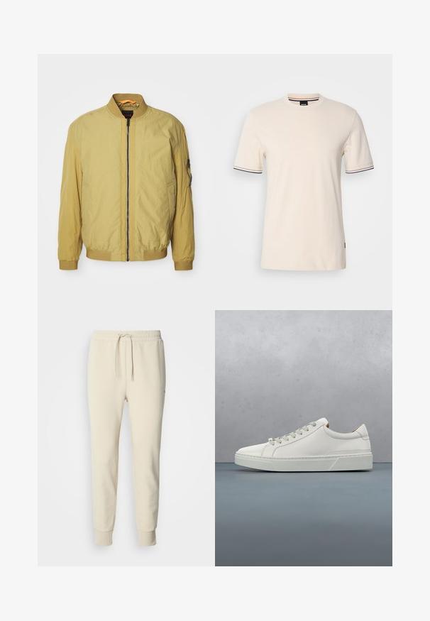Geel bomberjack met een ritsluiting, ribbelkraag en -manchetten, zijzakken en een extra zak op de mouw. Soepele textuur.; Korte mouwen beige T-shirt van katoen, met een ronde hals, contrasterende afwerking op de mouwen en een logo-label aan de zijkant.; Crèmekleurige joggingbroek met een tailleband met trekkoord, taps toelopende pijpen en geribbelde boorden. Gemaakt van zacht, gestructureerd materiaal. Geen patronen of accenten.; Witte leren sneaker met een ronde neus, minimalistisch ontwerp, grijze veters en een gestructureerde grijze rubberen zool. Fijne stikdetails zichtbaar.