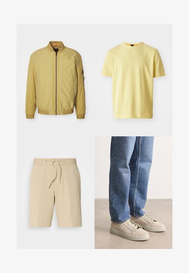 Gelbe Bomberjacke mit Reißverschluss, geripptem Kragen und Bündchen, Seitentaschen und einer zusätzlichen Tasche am Ärmel. Glatte Textur.; Helles gelbes Baumwoll-T-Shirt mit Rundhalsausschnitt und kurzen Ärmeln. In der Mitte befindet sich dezent das "BOSS"-Logo. Weicher Stoff, lässige Passform.; Beige Shorts aus strukturiertem Stoff, mit einem elastischen Bund und einer Kordelzug sowie seitlichen Taschen für Funktionalität.; BOSS GARYTENN_SDHDEL - Sneaker low - natural ten