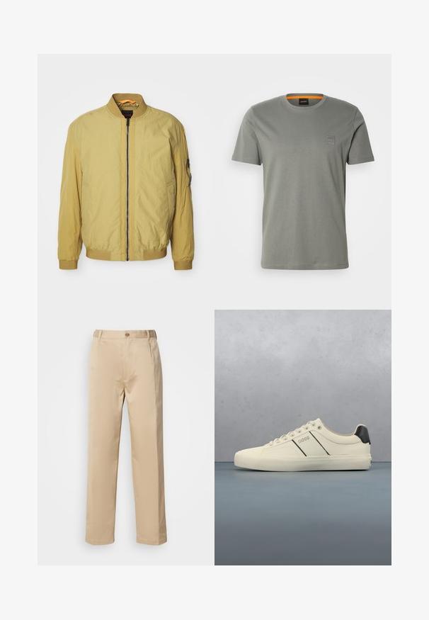 Veste aviateur jaune avec fermeture éclair, col et poignets côtelés, poches latérales et une poche supplémentaire sur la manche. Texture lisse.; T-shirt en coton gris à manches courtes et encolure ronde. Il présente un petit badge logo carré sur la partie gauche de la poitrine dans une couleur assortie.; Pantalons beiges en tissu léger, avec une coupe droite, une taille avec passants de ceinture et une fermeture à bouton sur le devant.; Baskets de couleur crème avec une texture lisse, dotées d'accents et de marquage noirs. Design classique à lacets avec un bout rond et une semelle en caoutchouc.