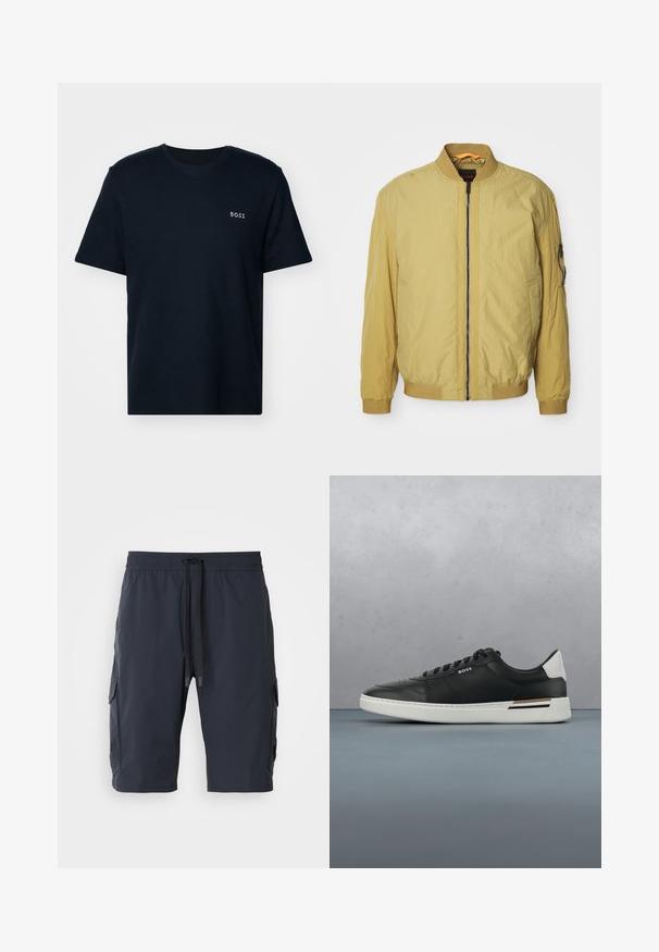 Geel bomberjack met een ritsluiting, ribbelkraag en -manchetten, zijzakken en een extra zak op de mouw. Soepele textuur.; Donkerblauwe katoenen T-shirt met een geribbelde textuur, korte mouwen en een klein wit "BOSS" logo op de linkerkant van de borst. Eenvoudig ontwerp met ronde hals.; Marine cargoshorts met een elastische tailleband, een trekkoord aan de voorkant, zijzakken en een gladde textuur. Duurzaam materiaal, geschikt voor casual dragen.; Zwarte leren sneaker met witte zool, voorzien van perforaties, vetersluiting, logo aan de zijkant en contrasterend hieldetail in wit en bruin.