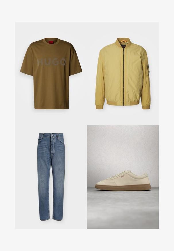 Geel bomberjack met een ritsluiting, ribbelkraag en -manchetten, zijzakken en een extra zak op de mouw. Soepele textuur.; Olijfgroene katoenen t-shirt met een ronde hals en korte mouwen, met een groot grijs "HUGO" logo op de voorkant gedrukt.; Blauwe denim jeans met rechte pijpen, hoge taille, knoopsluiting aan de voorkant en vijfzakkenontwerp op een effen lichte achtergrond.; Lichtbeige suède sneaker met een zool van gumrubber, opvallende veters en subtiele stikdetails. Strak ontwerp met een minimalistische uitstraling.