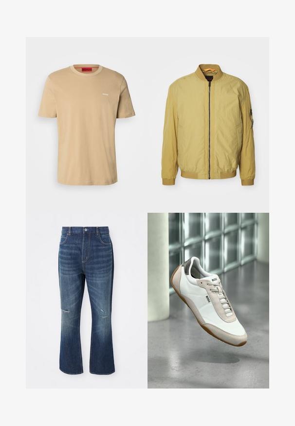 Gul bomberjakke med lynlås, ribbet krave og manchetter, sidelommer og en ekstra lomme på ærmet. Glat tekstur.; Beige bomulds t-shirt med rund halsudskæring, korte ærmer og et lille hvidt "HUGO" logo på brystet. Glat tekstur uden mønstre.; Blå denim flared jeans med let slid på begge knæ og en knaplukning i taljen, vist mod en hvid baggrund.; Hvid og beige BOSS-sneaker med brun sål, der svæver over poleret betongulv mod en baggrund af glasblokvæg.