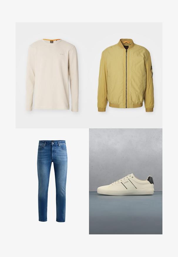 Geel bomberjack met een ritsluiting, ribbelkraag en -manchetten, zijzakken en een extra zak op de mouw. Soepele textuur.; Lichtbeige langemouwen t-shirt gemaakt van gestructureerde stof. Heeft een ronde hals en een klein logo op de borst met een oranje accent binnen de kraag.; Blauwe denim jeans met een smalle pasvorm, voorzien van vijf zakken, een ritssluiting en subtiele vervaging aan de voorkant. Soepele textuur en rechte pijpen.; Crème-kleurige sneakers met een gladde textuur, voorzien van zwarte accenten en branding. Tijdloos vetersysteem met een ronde neus en rubberen zool.