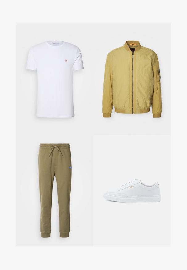 Geel bomberjack met een ritsluiting, ribbelkraag en -manchetten, zijzakken en een extra zak op de mouw. Soepele textuur.; Witte katoenen t-shirt met korte mouwen, met een klein oranje "II" logo op de linkerborst en een ronde halslijn. Eenvoudig ontwerp en textuur.; Olijfgroene sweatpants met elastische tailleband en trekkoord. Heeft zijzakken en geribde manchetten. Gemaakt van zacht, rekbaar materiaal.; Witte leren sneakers met een gladde textuur, ronde neus en tonale stiksels. Voorzien van blauwe veters en een gouden logo op de zijkant.