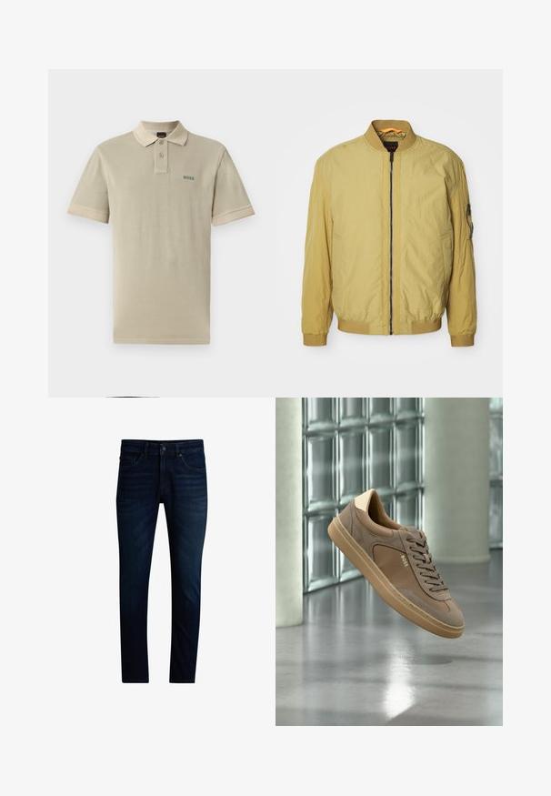 Veste aviateur jaune avec fermeture éclair, col et poignets côtelés, poches latérales et une poche supplémentaire sur la manche. Texture lisse.; Polo beige en coton avec un col et des poignets contrastés. Doté d'un logo "BOSS" vert sur la poitrine gauche.; Jean slim bleu foncé avec fermeture avant par boutons et zip, style cinq poches et légère décoloration sur les cuisses.; Baskets décontractées beiges avec lacets et logo « BOSS », flottant au-dessus d’un sol en béton poli avec un mur en blocs de verre en arrière-plan.