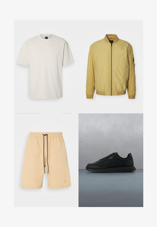 Keltainen pommijakku, jossa on vetoketjusulku, ribattu kaulus ja hihansuuhät, sivutaskut sekä lisätasku hihassa. Sileä pinta.; Lyhythihainen, pyöreäkauluksinen t-paita off-white puuvillasta, jossa on suora leikkaus ja minimaalinen brändäys kauluksessa. Pehmeä tekstuuri, ei kuvioita.; Beige shorts dengan kain bertekstur, pinggang elastis, dan tali serut hitam. Memiliki aksen logo yang halus. Desain potongan lurus.; Mustat urheilukengät, joissa on sileä tekstiilipinta, kumipohja ja hillityt kohokuvioidut yksityiskohdat. Varustettu nauhakuormituksella ja minimaalilla brändäyksellä.