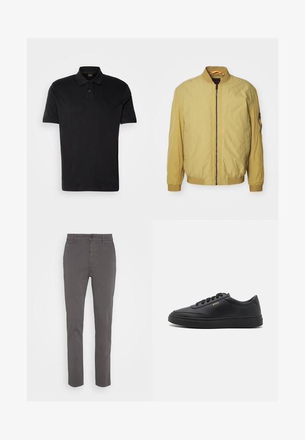 Veste aviateur jaune avec fermeture éclair, col et poignets côtelés, poches latérales et une poche supplémentaire sur la manche. Texture lisse.; T-shirt polo noir en coton, avec un col classique, deux boutons et un logo brodé sur la poitrine. Manches courtes.; Chino gris avec une coupe slim, fabriqué en coton respirant. Dispose d'une fermeture à bouton et de poches latérales, avec une finition lisse et mate.; Baskets en cuir noir avec une texture lisse, bout rond, semelle en caoutchouc plate et lacets ton sur ton. Présente une marque "BOSS" dorée sur le côté.