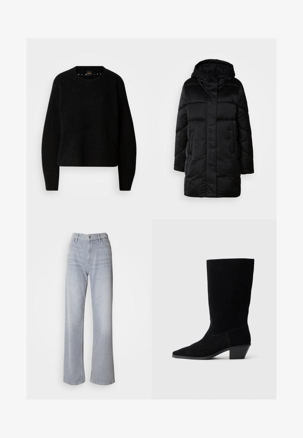 Sort pufferjakke med hætte, med lynlåslukning fortil, to sidelommer og en quiltet design. Glat overflade og mellemlang silhuet.; Sort strik sweater med rund hals og ribbet tekstur. Har subtil detaljering omkring halsudskæringen og lange, lige ærmer.; Lys grå vidde jeans med høj talje, lavet af denim. Har forlommer, lynlås og subtil falmen over det hele.; Sort ruskind ankelstøvle med spidse tæer, mellemhøj skaft og en chunky hæl. Fuldender et minimalistisk design med lidt syninger og en glat tekstur.