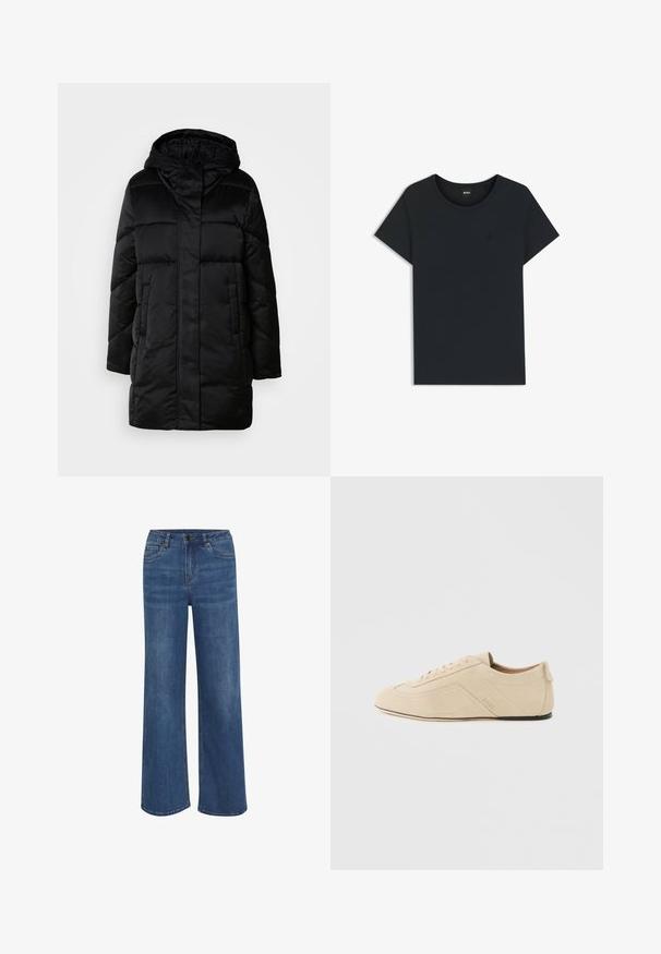 Sort pufferjakke med hætte, med lynlåslukning fortil, to sidelommer og en quiltet design. Glat overflade og mellemlang silhuet.; Sort T-shirt med korte ærmer og rund hals, med et lille præget logo på venstre bryst og et mærke inde i halsudskæringen.; Bredde jeans lavet af medium blå denim. Har en knap- og lynlåslukning, fem lommer og subtil falmning på stoffet.; Beige ruskind lavskoet sneaker med snøre foran, slank sål og subtil sidesyningsdetalje mod en hvid baggrund.