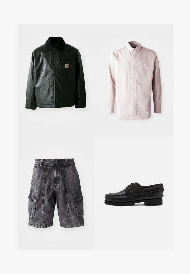 Chaqueta negra con cremallera hecha de un material liso y brillante. Presenta un cuello de pana, dos bolsillos frontales y un pequeño parche con el logo en el pecho.; Camisa de manga larga rosa claro, de botón, hecha de algodón, con un collar clásico, botones frontales y un pequeño logo en el lado izquierdo del pecho.; Pantalones cortos cargo de mezclilla negra con textura desgastada, dos bolsillos laterales y cierre de botón. Hasta la rodilla con costuras reforzadas.; Zapato negro con parte superior de cuero, acentos de textil, cordones redondos y suela de goma texturizada. Presenta costura de mocasín y detalle de marca.