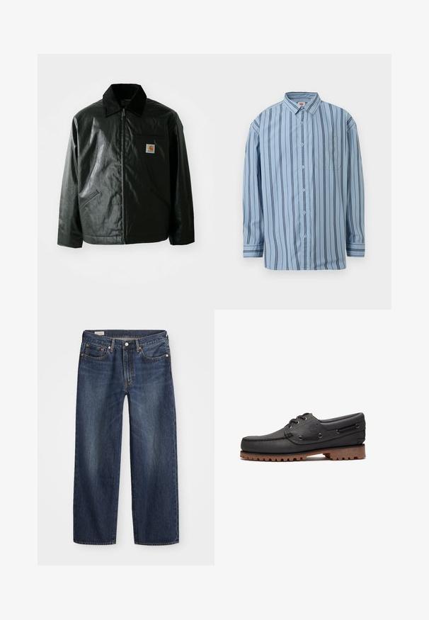 Chaqueta negra con cremallera hecha de un material liso y brillante. Presenta un cuello de pana, dos bolsillos frontales y un pequeño parche con el logo en el pecho.; Camisa azul claro de manga larga con botones, con rayas verticales negras y un bolsillo delantero en el pecho.; Jeans de mezclilla azul oscuro con corte recto, diseño de cinco bolsillos, cierre de botón metálico y cremallera, y patrones sutiles de desgaste.; Zapato náutico de cuero negro con detalles de cordones, puntera redonda, suela de goma marrón texturizada y lados de cuero cosidos.