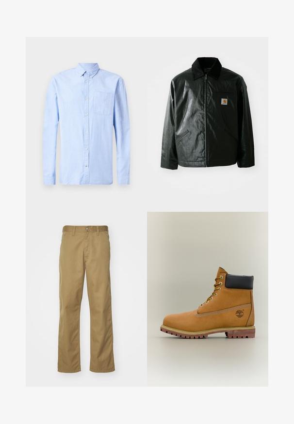 Chaqueta negra con cremallera hecha de un material liso y brillante. Presenta un cuello de pana, dos bolsillos frontales y un pequeño parche con el logo en el pecho.; Camisa de manga larga azul clara, confeccionada en una tela suave, que presenta un cuello abotonado y un solo bolsillo en el pecho.; Chinos caqui con diseño de pierna recta, elaborados en una suave tela de algodón. Cuentan con un cierre frontal de botón y bolsillos laterales.; Bota de tobillo de cuero marrón con cuello negro, cordones amarillos y suela beige. Presenta un logotipo y detalles de costura blanca. Suela exterior con tracción robusta.