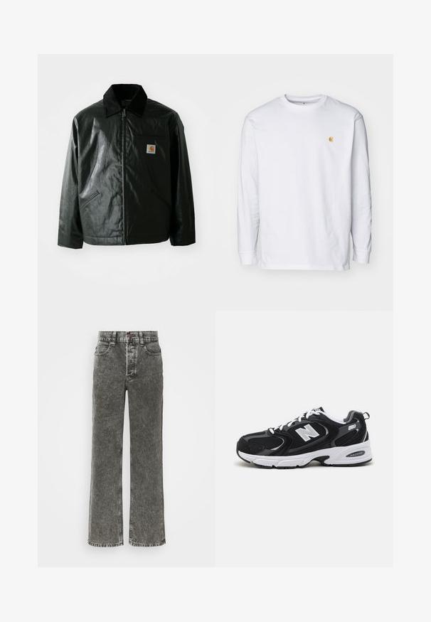 Chaqueta negra con cremallera hecha de un material liso y brillante. Presenta un cuello de pana, dos bolsillos frontales y un pequeño parche con el logo en el pecho.; Camiseta de manga larga blanca de algodón. Cuenta con un pequeño logo dorado en el pecho y un cuello redondo. Diseño simple y corte estándar.; Jeans de pierna ancha en denim negro deslavado, con cierre de botón, diseño de cinco bolsillos y costuras de contraste a lo largo de las costuras.; Zapatillas deportivas en negro y gris con parte superior de malla y ante, que cuentan con una entresuela blanca, cordones y un llamativo logo "N" en el lateral.