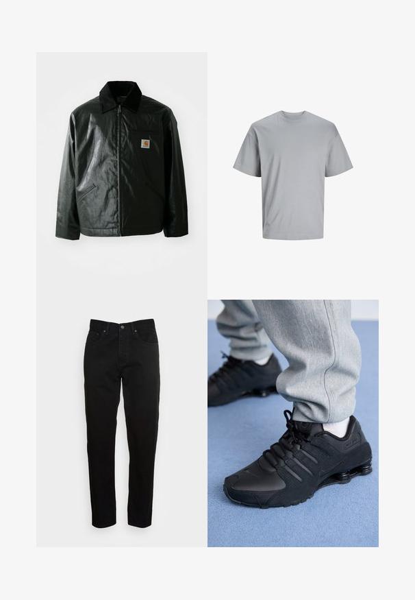 Chaqueta negra con cremallera hecha de un material liso y brillante. Presenta un cuello de pana, dos bolsillos frontales y un pequeño parche con el logo en el pecho.; Camiseta de manga corta gris claro hecha de tela de algodón suave, con cuello redondo y un ajuste relajado sin patrones ni logotipos visibles.; Jeans negros ajustados con cierre de botón frontal y diseño de cinco bolsillos, mostrados sobre un fondo gris claro liso.; Persona vestida con zapatillas Nike Shox negras y pantalones de chándal grises, de pie sobre una alfombra azul claro.