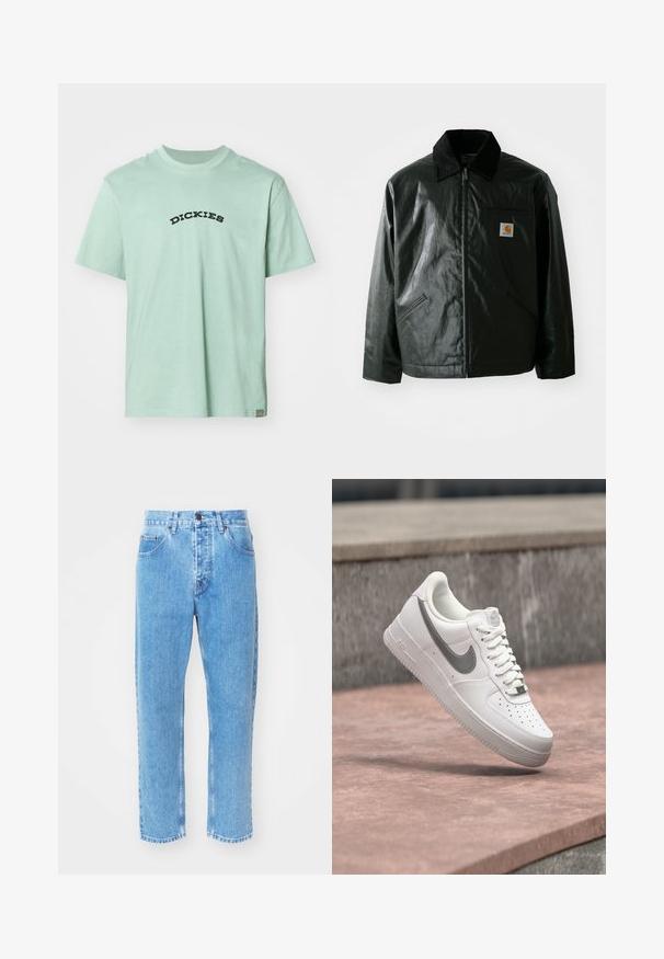 Chaqueta negra con cremallera hecha de un material liso y brillante. Presenta un cuello de pana, dos bolsillos frontales y un pequeño parche con el logo en el pecho.; Camiseta de algodón verde claro con un logo en negro en forma curva de "DICKIES" en el frente. Cuello redondo clásico y mangas cortas. Diseño minimalista.; Los vaqueros de mezclilla azul claro presentan un diseño de pierna recta, cinco bolsillos y un clásico cierre de botón en la cintura.; Zapatilla blanca Nike Air Force 1 con logo swoosh gris flotando sobre una superficie de piedra y un fondo de pared de piedra gris.