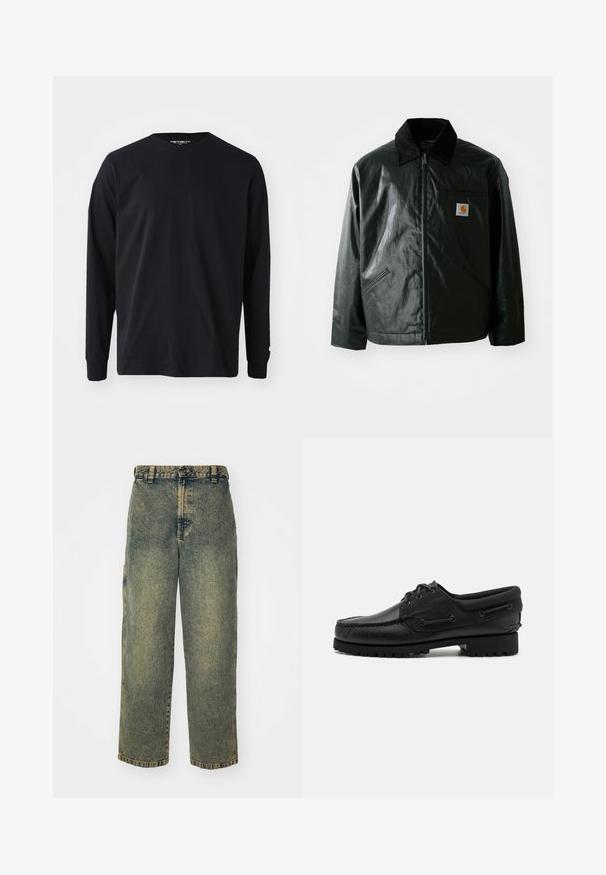Chaqueta negra con cremallera hecha de un material liso y brillante. Presenta un cuello de pana, dos bolsillos frontales y un pequeño parche con el logo en el pecho.; Camiseta negra de manga larga hecha de algodón, con un escote redondo y corte recto, que presenta un pequeño detalle de logo en la manga.; Jeans de denim holgados en un lavado azul y verde descolorido. Presenta un cierre de botón, pasadores para el cinturón y bolsillos laterales. Diseño de frente plano y pierna recta.; Zapato negro con parte superior de cuero, acentos de textil, cordones redondos y suela de goma texturizada. Presenta costura de mocasín y detalle de marca.