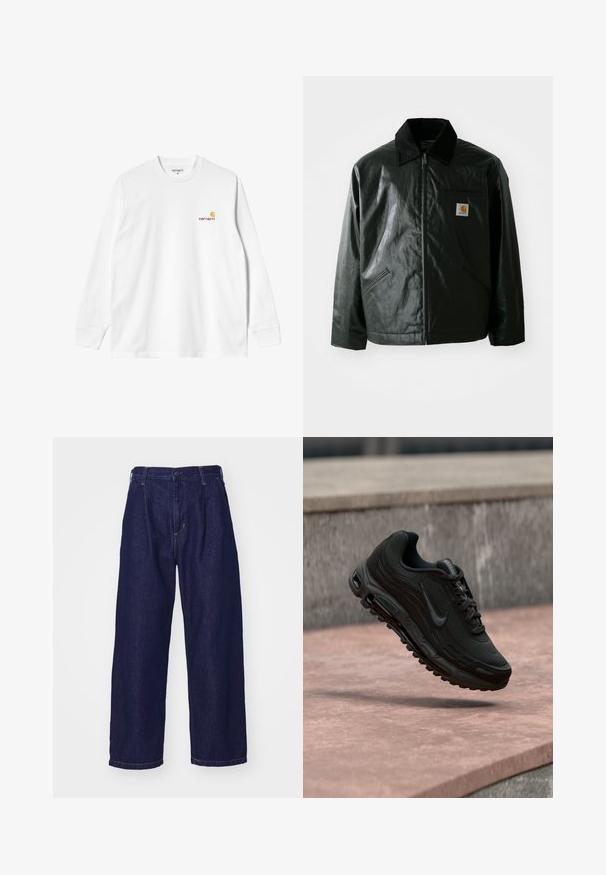 Chaqueta negra con cremallera hecha de un material liso y brillante. Presenta un cuello de pana, dos bolsillos frontales y un pequeño parche con el logo en el pecho.; Camiseta blanca de algodón de manga larga con cuello redondo, que presenta un pequeño logo amarillo y burdeos en el lado izquierdo del pecho. Puños y dobladillo sin costuras.; Jeans de mezclilla azul oscuro, diseño de pierna ancha, cintura alta, con cierre de botón y estilo clásico de cinco bolsillos. Textura suave, costura sutil.; Zapatilla deportiva negra Nike Air Max suspendida sobre una superficie de piedra con un fondo desenfocado de pared de piedra.