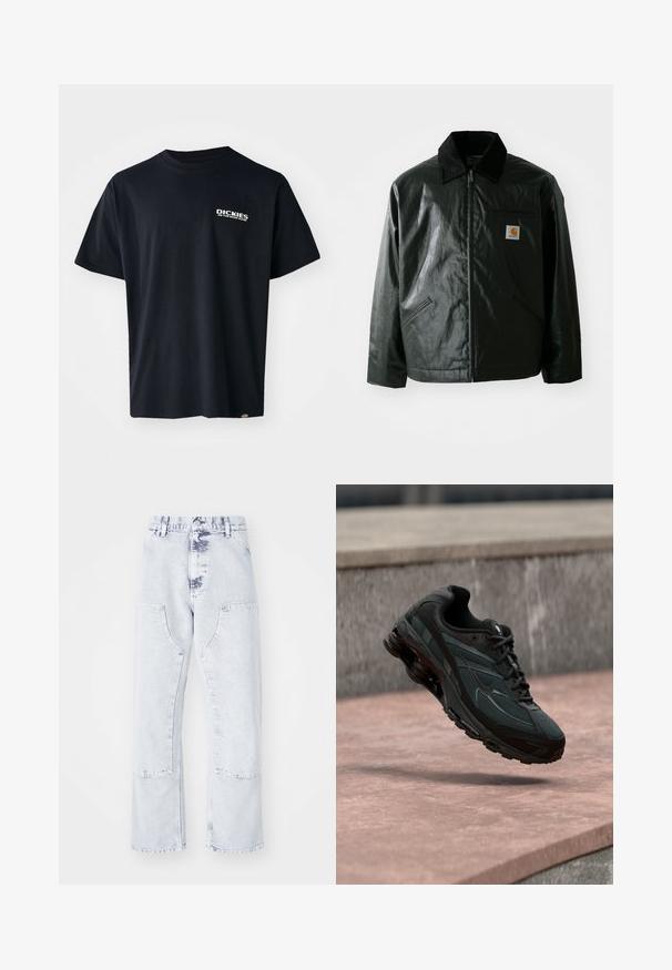 Chaqueta negra con cremallera hecha de un material liso y brillante. Presenta un cuello de pana, dos bolsillos frontales y un pequeño parche con el logo en el pecho.; Camiseta negra de manga corta hecha de algodón, con un logo gráfico de texto blanco en el lado izquierdo del pecho, corte recto y una etiqueta en el lateral.; Pantalones vaqueros de mezclilla azul claro, de pierna recta, con bolsillos de parche, cintura alta y un acabado desgastado. Presentan costuras tonales y un ajuste relajado.; Zapatilla deportiva negra con entresuela visible con amortiguación de aire que flota sobre una superficie de piedra rosa con un fondo de pared de piedra gris.