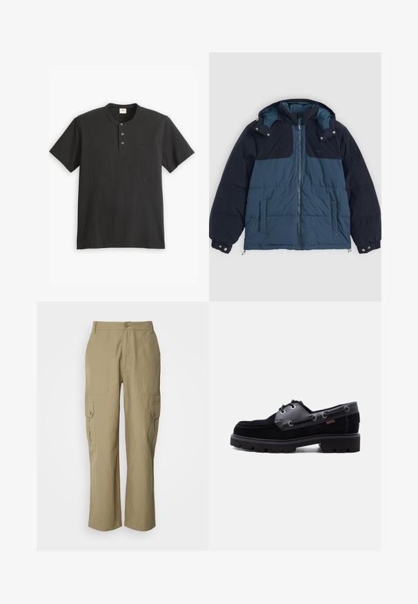 Pufferjakke med et to-tonet design i mørk og lys blå, med lynlås foran, hætte og sidelommer. Fremstillet af struktureret stof.; Sort kortærmet polo shirt i bomuld, med en knaplukning bestående af tre knapper og et lille logo på venstre bryst.; Beige cargo bukser lavet af letvægtsstof, med to sidelommer, knaplukning og lige ben design.; Sort læder- og ruskinds bådsko med tyk mønstret sål, snørehuller og sidesøm på ensartet lys baggrund.