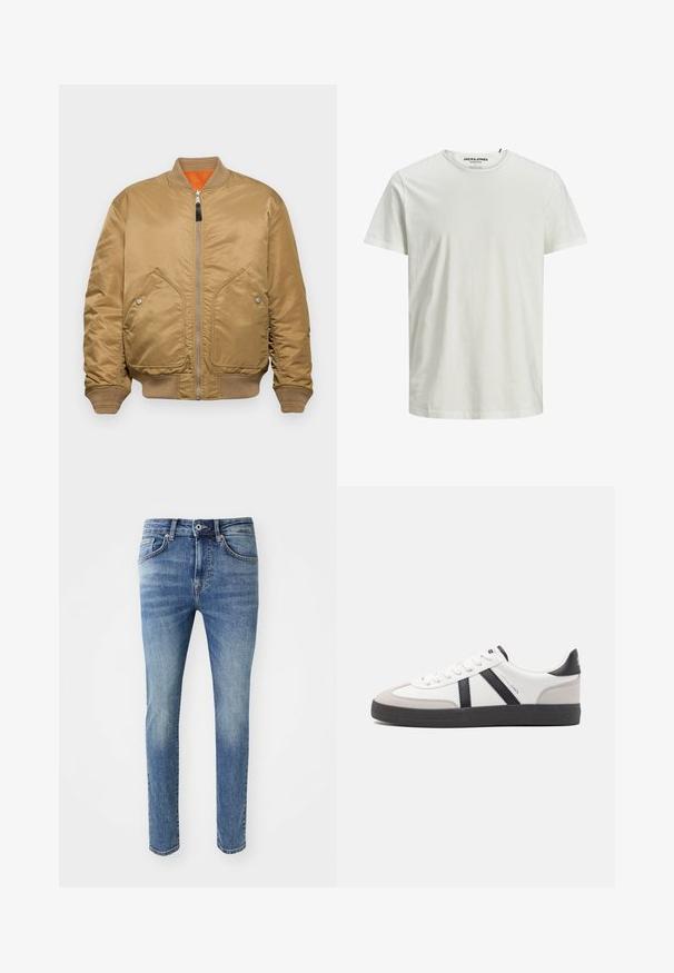 Beige Bomberjacke mit glatten Satinfinish, gerippten Bündchen und Saum, zwei vorderen Taschen und einem orangefarbenen Futter. Verfügt über einen Reißverschluss.; Weißes kurzärmeliges T-Shirt aus Bio-Baumwolle. Mit Rundhalsausschnitt und lockerer Passform, aus einem einfachen, glatten Material.; Verblasste hellblaue Jeans aus Denim im Slim-Fit-Schnitt, mit fünf Taschen, einem Reißverschluss und einem Metallknopfverschluss am Bund.; Weiße Sneaker mit schwarz- und grau-aczenten, ausgestattet mit einer strukturierten grauen Zehenkappe, schwarzer Gummi-Sohle und flachen weißen Schnürsenkeln. Sauberes Design, minimalistische Stil.