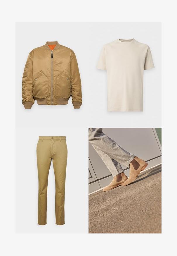 Tan bomberjakke med en glat satinfinish, ribbede manchetter og kant, to frontlommer og et orange for. Har en lynlåslukning.; Beige kortærmet t-shirt med rund hals og raglanærmer, ensfarvet og lavet af glat stof.; Khaki chinos lavet af glat bomuld, med et klassisk lige ben-design, forlommer og en enkelt knaplukning i taljen.; Brune ruskind Chelsea støvler med elastiske sidepaneler og en glat tan gummisål, parret med lyse grå bukser på en tekstureret overflade.